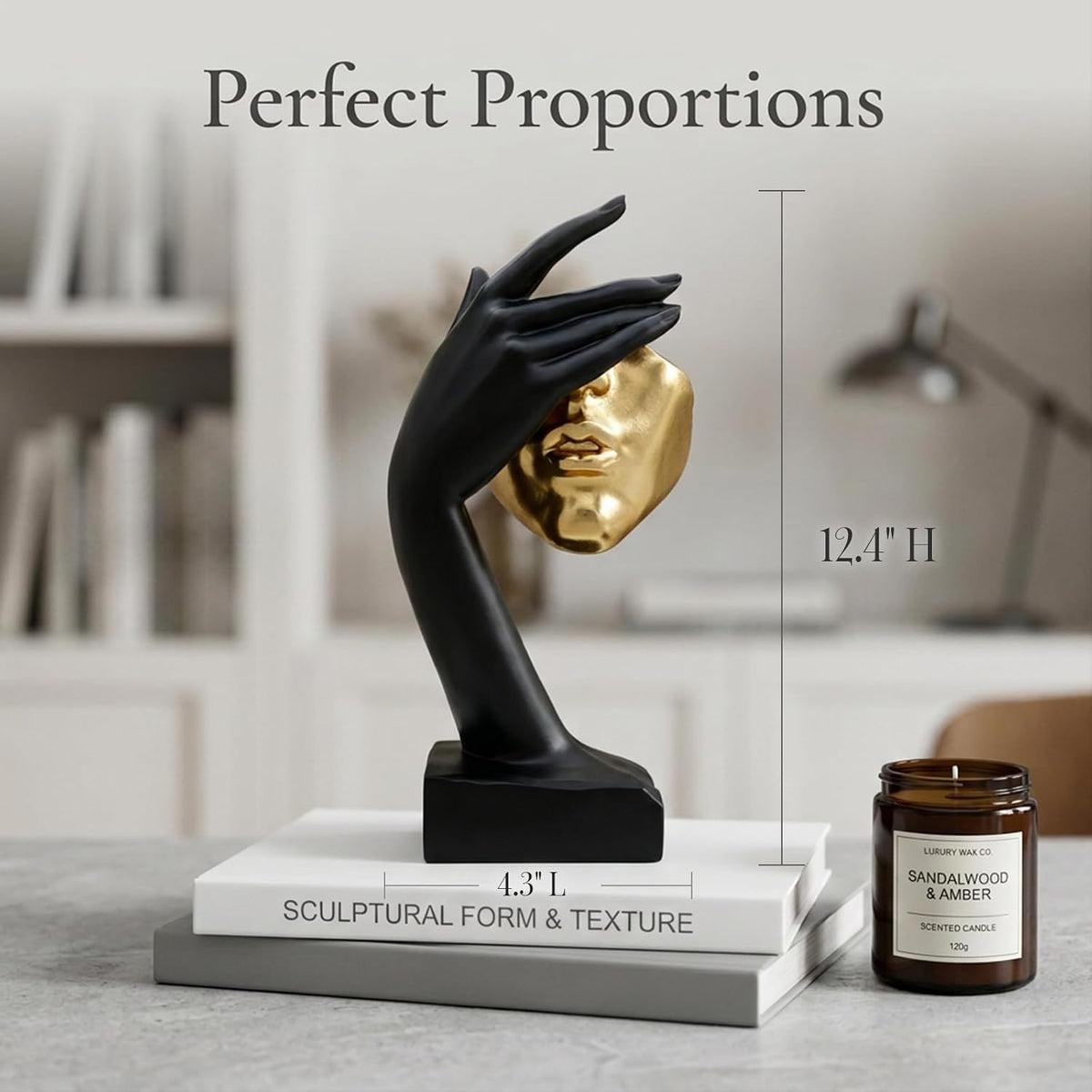 See No Evil Gold Resin Bust Sculpture, Abstract Shelf Decor