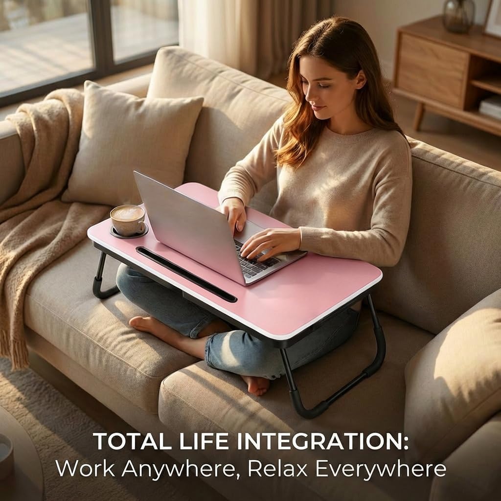 BUYIFY 23.4" Foldable Lap Desk Bed Table with Cup Holder Portable Tray