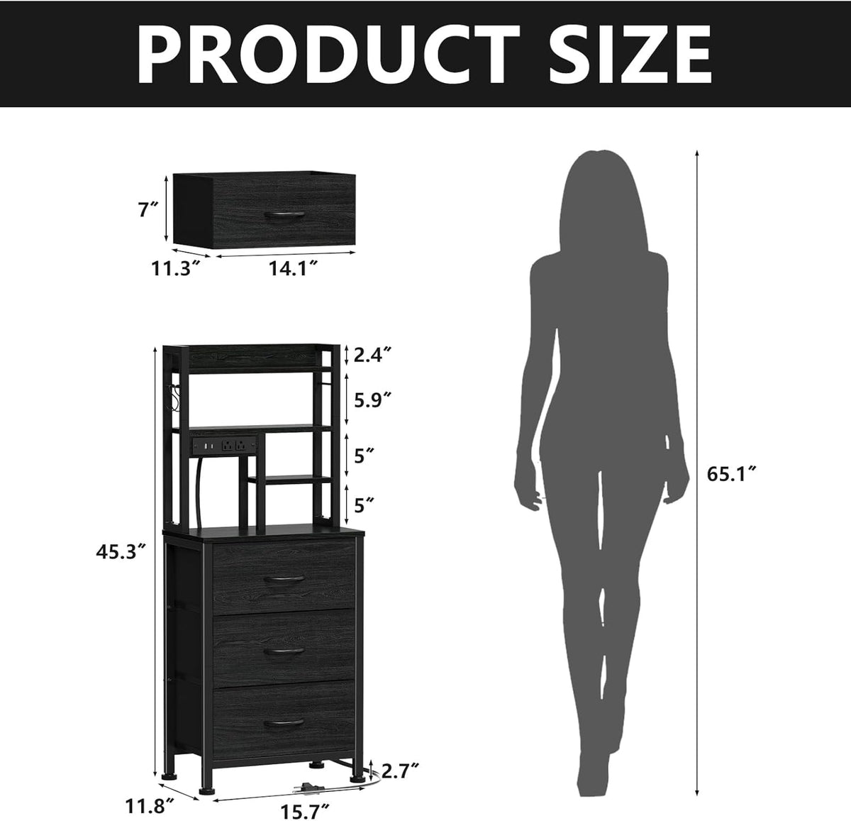 Furnulem Black Nightstand with Bookshelf, Tall Bedside Table & Night Stand