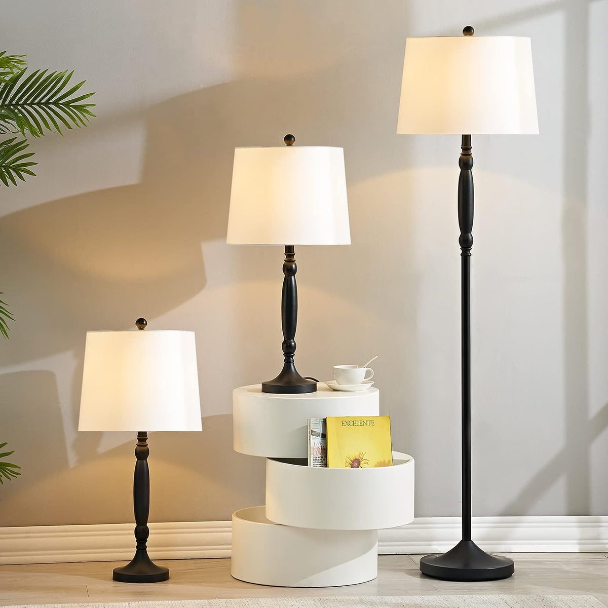 Maxax Lamp Set 3-Piece, Metal 3 Pack Table Lamps and Floor Lamp, Traditional Lamps with White Linen Fabric Shade for Living Room, Bedroom, Study Room