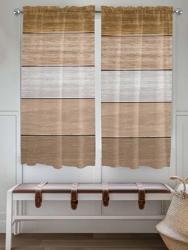 Retro Farm Wood Board Window Valance Curtains, 2 Panel