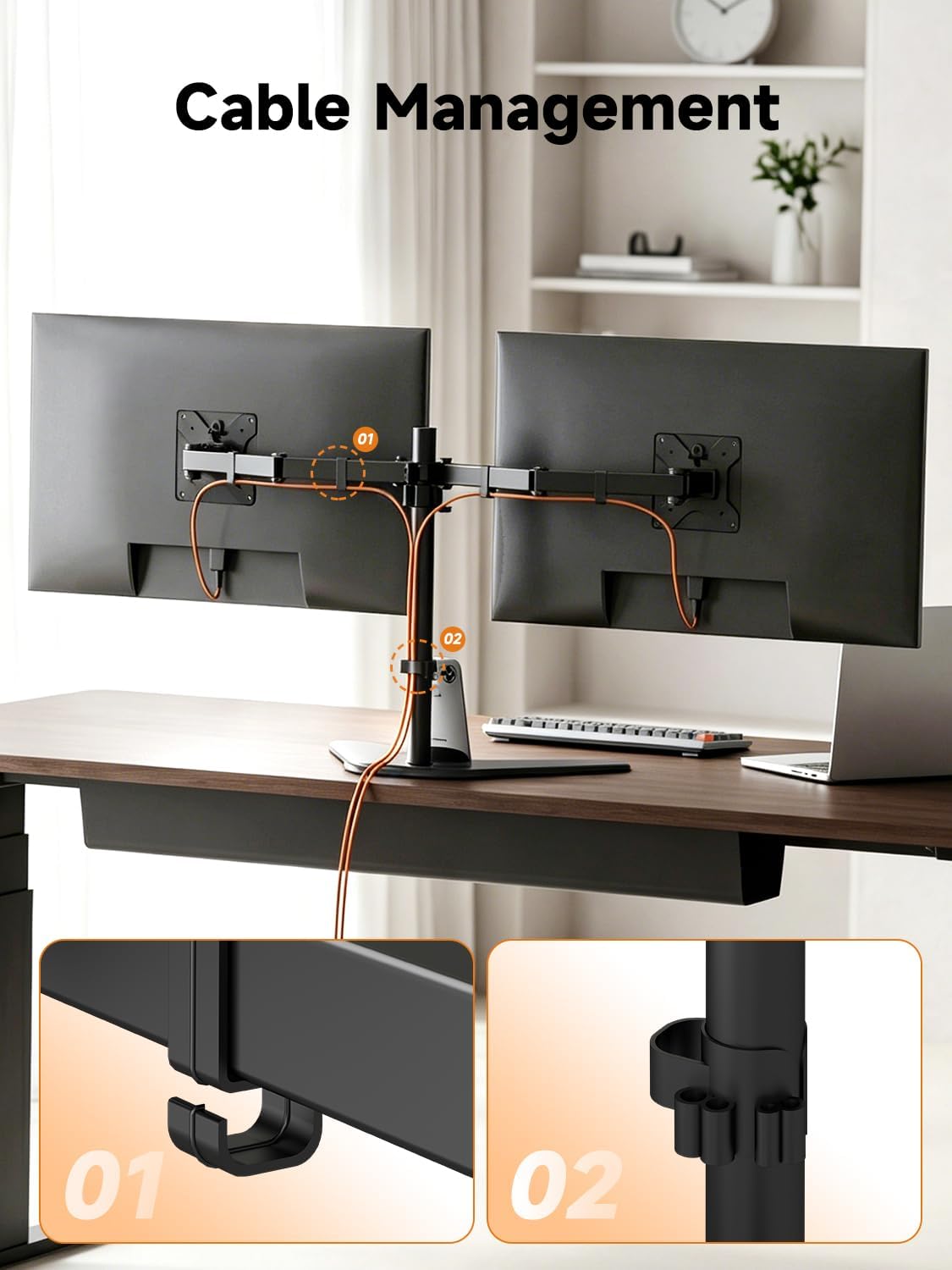 Bracwiser Dual Monitor Stand Mount, Free-Standing Full Motion Monitor Desk Mount for Two 13-32 inch, 15.43lbs, Adjustable Angle Height Monitors Arm, Desk Stand, Ergonomic L Feet, Black (ML7442)