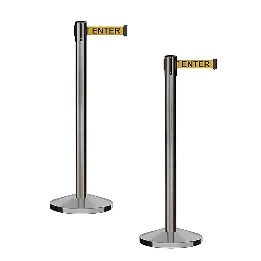 CCW Series RBB-100 - Set of 2 Stanchion Retractable Belt Barriers (7.5 Foot Belt, Yellow with"Caution - DO NOT Enter" Black Letters Belt with Satin Stainless Steel Post)