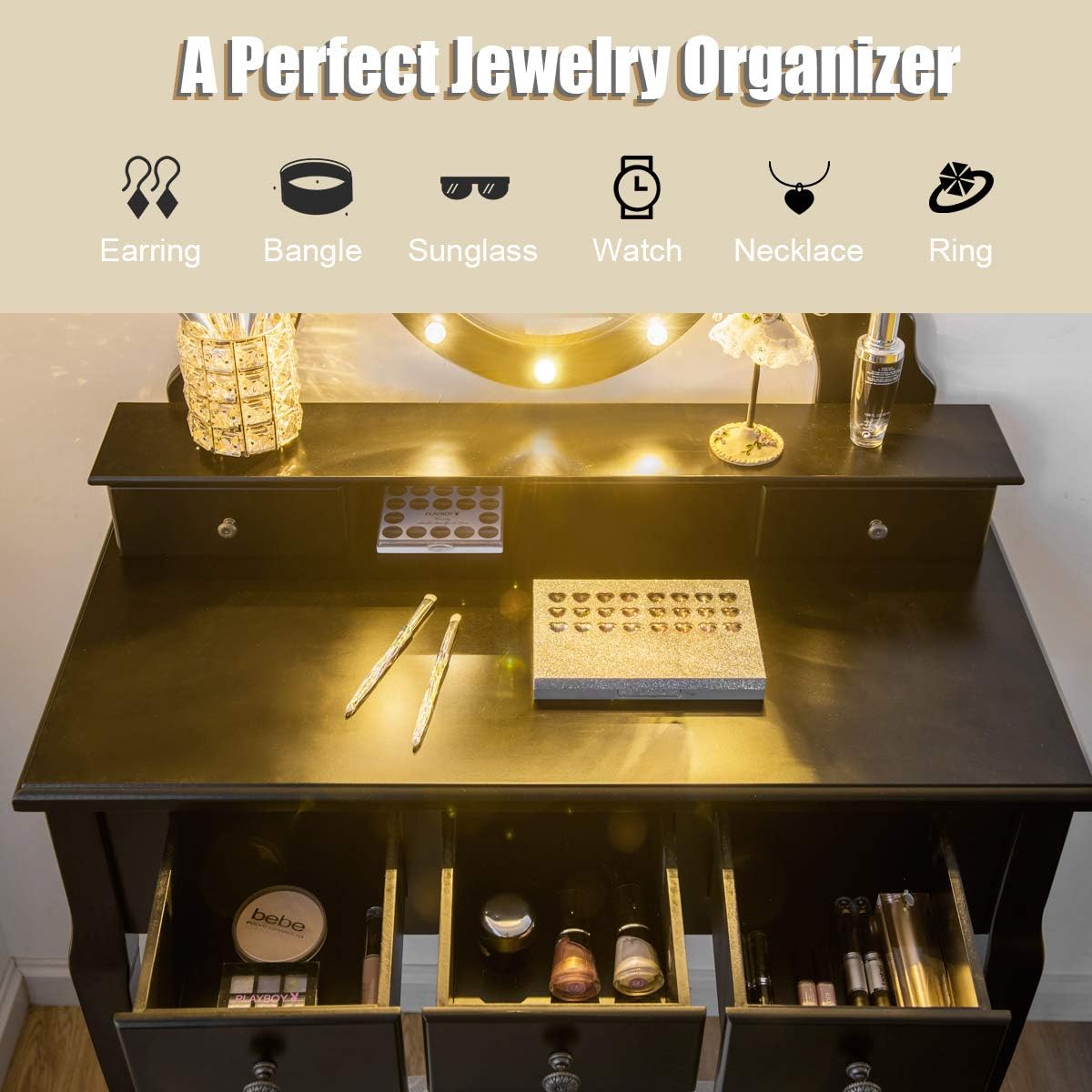 GOFLAME Vanity Set with 360° Rotating Oval Makeup Mirror, Dressing Table & Cushioned Stool Set with 5 Sliding Drawers & 12 LED Lights, Detachable Top, Perfect for Dressing Room, Bedroom (Black)