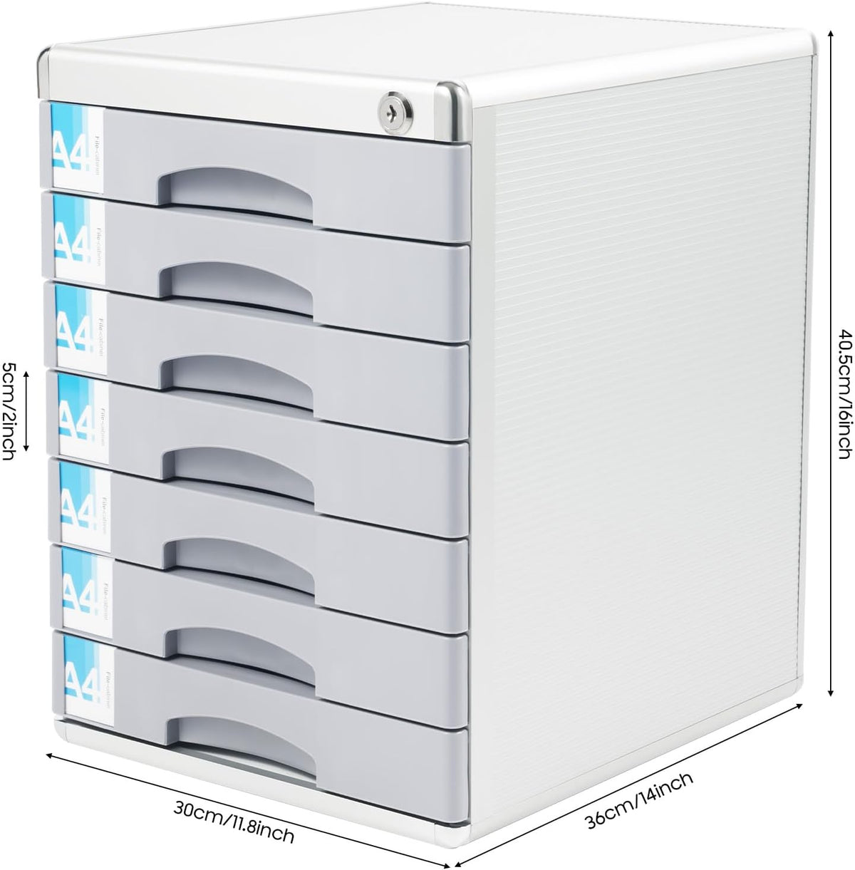 Desk Organizer with 7 Drawers, Metal Desktop Storage Cabinet File Holder with Locks and Keys, Filing Case Literature Organizer for Office Home, L11.8*D14*H16in, Silver & Grey