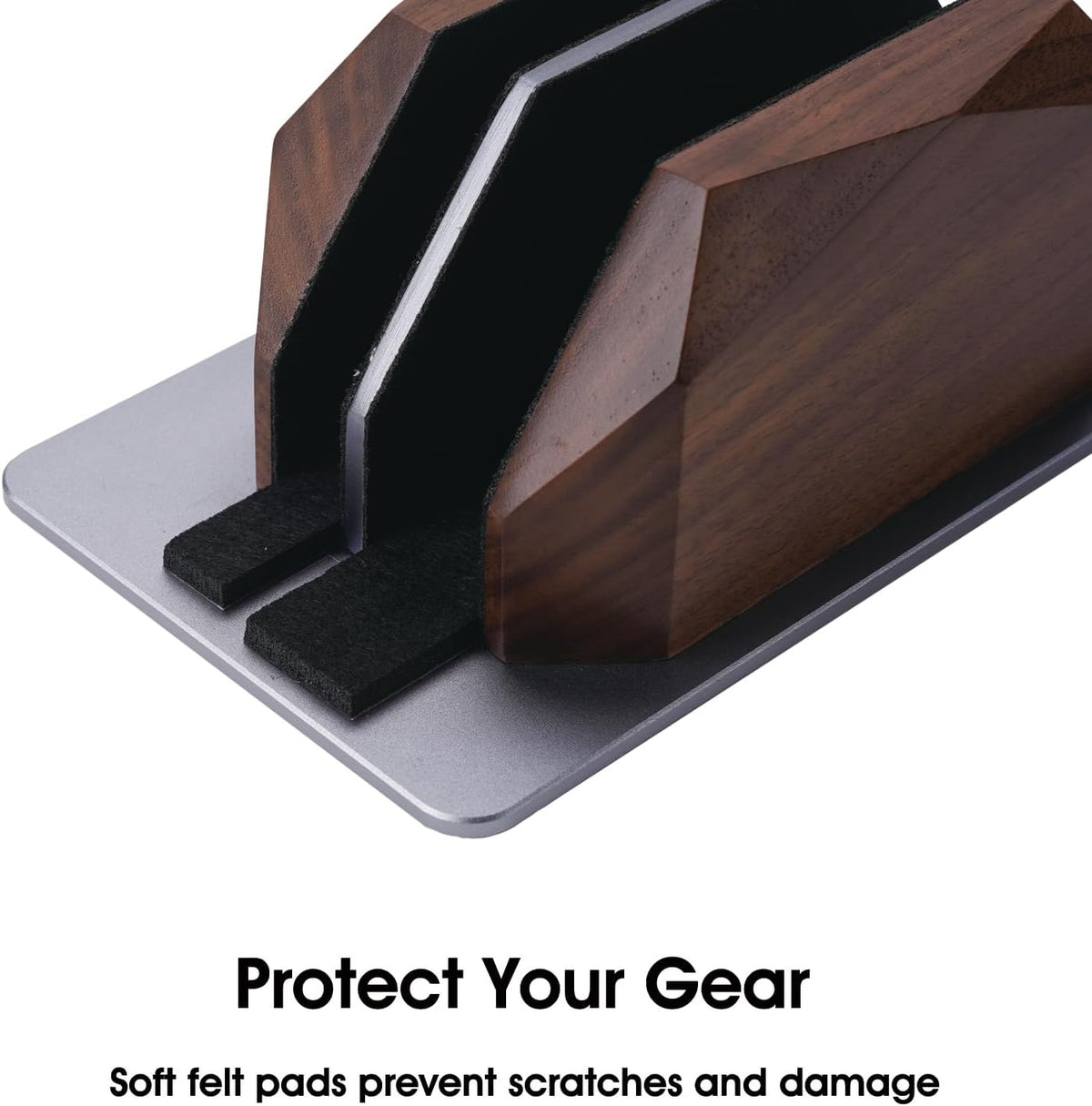 Walnut Vertical Laptop Stand, Dual Slot Wood Laptop Holder for Desk