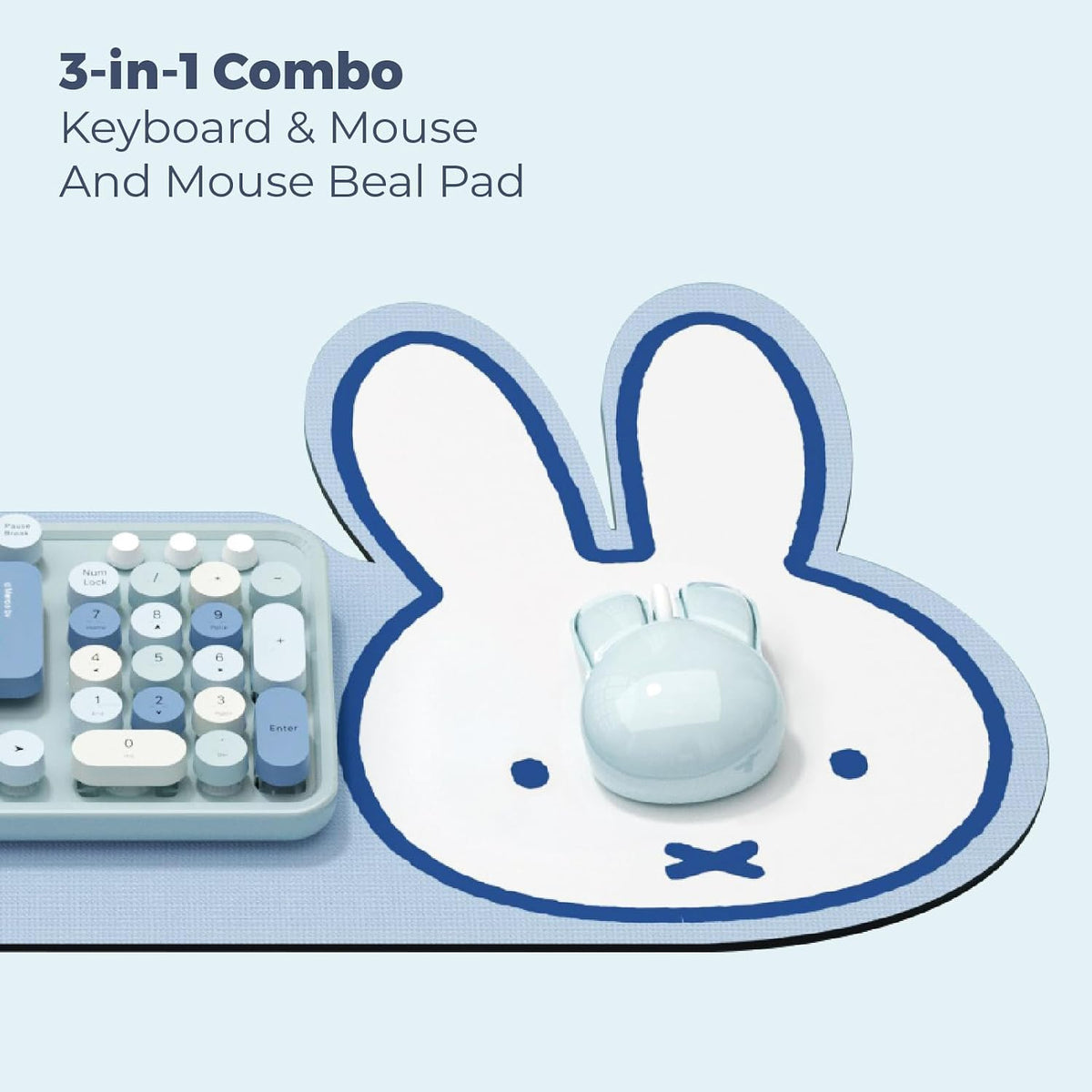 Miffy 104-Key Wireless Keyboard & Mouse Combo with Large Light Blue Desk Pad - Ergonomic Computer Accessories for Office/Home, Cute Kawaii Design - Light Blue