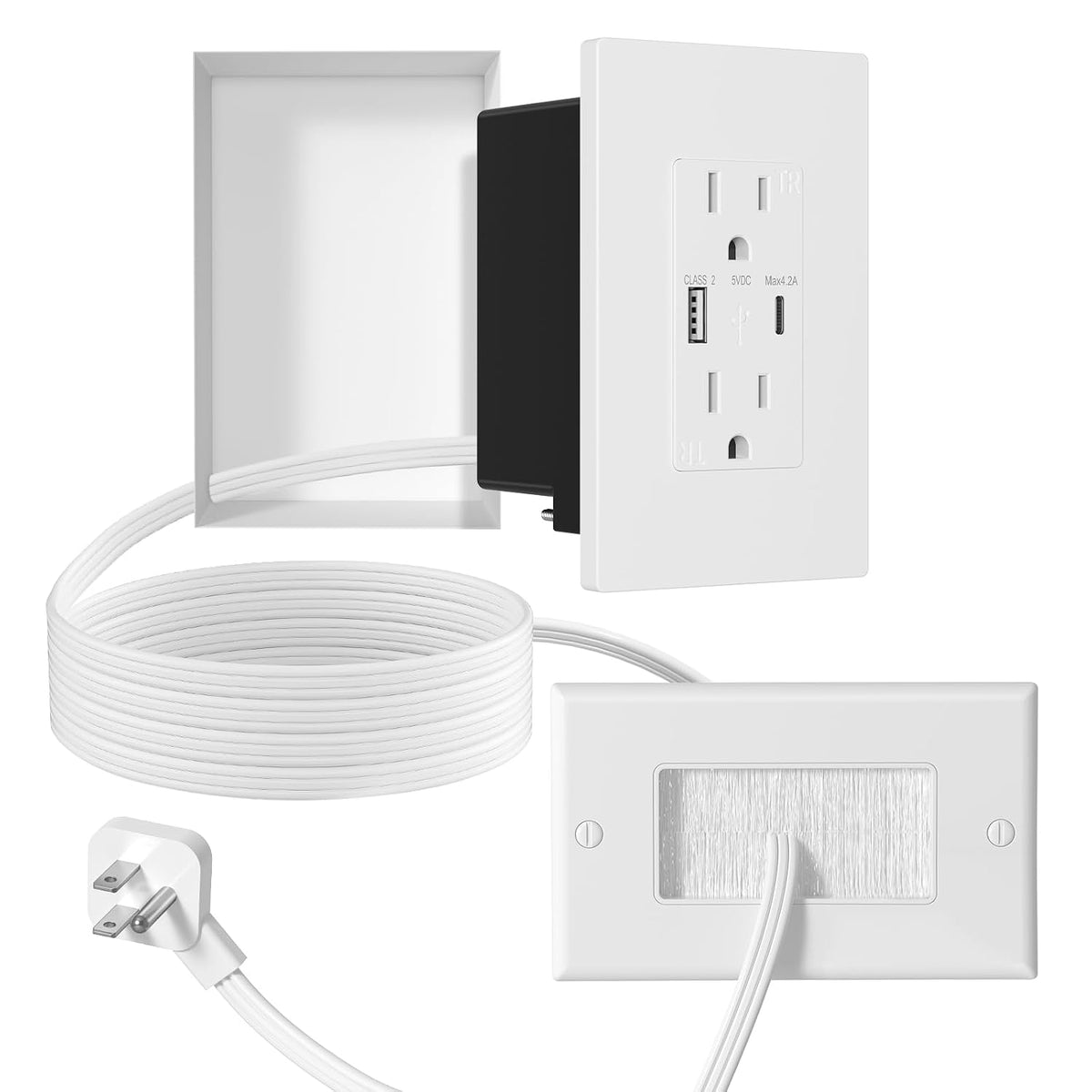 in Wall Cable Management Kit,2AC+USB-a+USB-c,in Wall Power Kit for Unreachable Outlets,7.8ft Outlet Extender for TV,Home Theater,Sofa,Desks,Nightstands