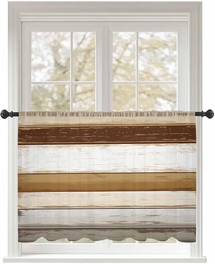 Sheer Curtains 54 Inch Length, Vintage Country Geometric Striped Privacy Voile