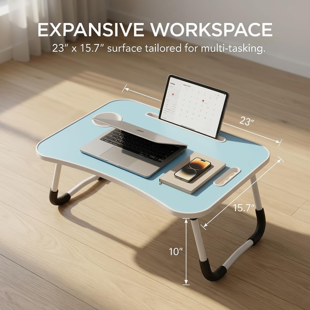BUYIFY 23" Foldable Lap Desk for Laptop Writing w/Cup Holder Blue