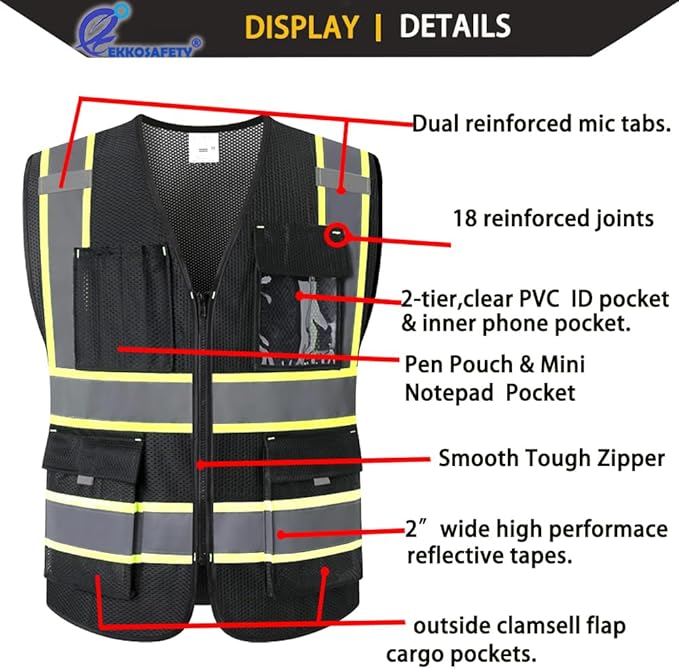 9 Pockes Black Reflecive Safety Vest for Men with Double Stitching Knots around All Pockets and Zipper High Visibility Mesh Construction Work Vest,Meets ANSI/ISEA Standards(EK176-Black-2XL)