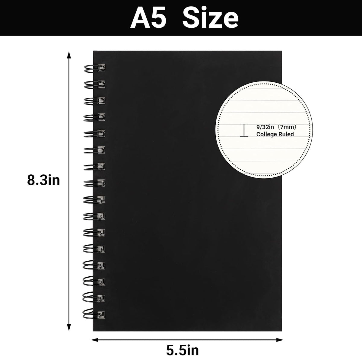 EUSOAR Spiral College Ruled Notebook, 12packs A5 5.5" x 8.3" 160Pages/ 80Sheets, Black Thick Hardcover, Tear-off 100GSM Lined Paper, 1 Subject Notepad for Office Meeting Business School Note Taking