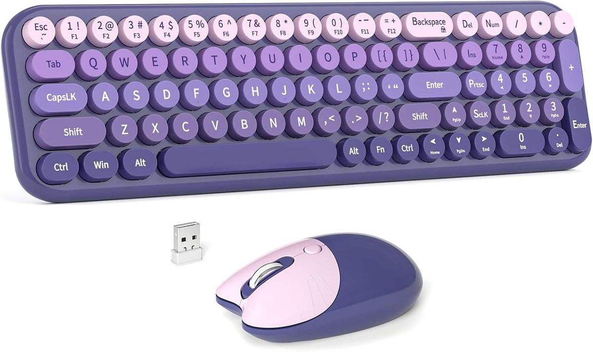 Wireless Keyboard and Mouse Combo, MOWUX Compact Typewriter Retro Round Computer Keyboard, Cute Optical Mouse Wireless, Plug and Play, for Laptop, PC, Computer- Purple Gradient