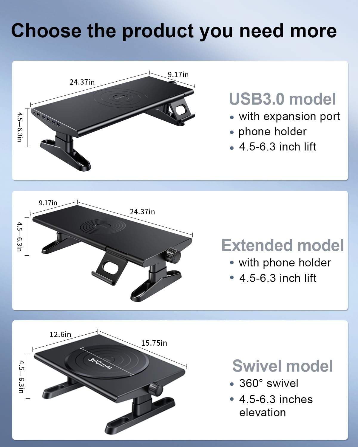 Monitor Stand Riser for Desk,360°Rotation Freely Height Adjustable by Knob,4.4-5.8 Inches,Ergonomic Monitor Stand Mount, Desktop Monitor Stand Riser for Computer,Laptop,Printer,Tv,Black