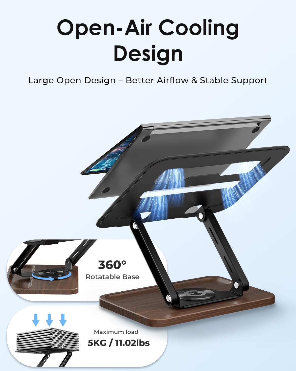 Viozon Laptop Stand for Desk, Adjustable Laptop Desk Stand with Wood Base Storage, 360° Rotating Swivel Computer Stand for Laptop, Ventilated Cooling Desktop Holder Fits up to 15.6" Notebooks/Laptops