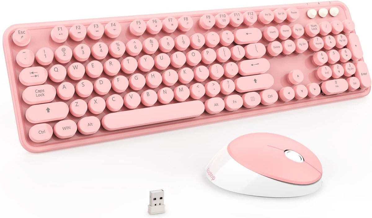 Kootop Wireless Keyboard Mouse, Cute 104 Keys Typewriter Pink White