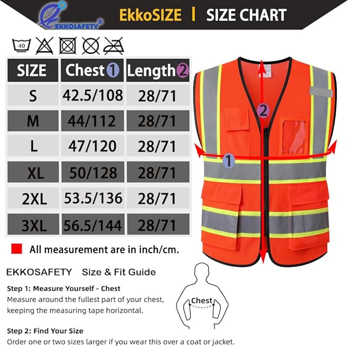 Safety Vest for Men Women Reflective with 5 Pockets and Zipper Front Mesh High Visibility Vest Hi Vis Construction Work Vest,Meets ANSI/ISEA Standards(EK175-Orange-L)
