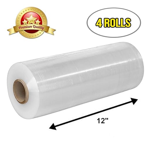 APQ 4 rolls of Cast Hand Stretch Film 12" x 2000'. Hand Stretch Wrap, 60 Gauge Thickness. Excellent Tear Resistance. Clear Residue Free Film for Moving, Shipping, Wrapping. Industrial Grade Cast Film.