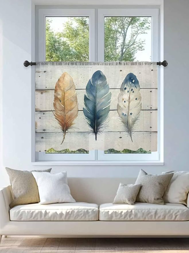 Sheer Curtains 45 Inch Length, Boho Blue Feathers Semi Sheer Curtains Light
