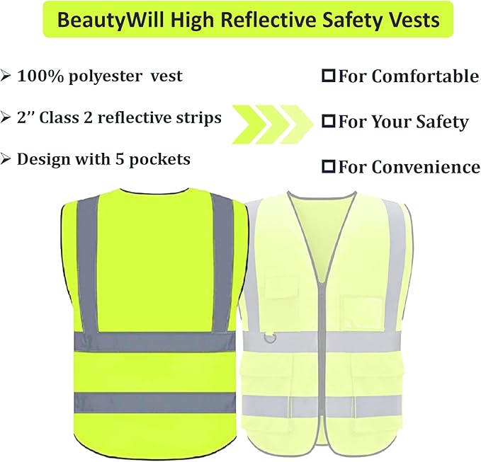 BeautyWill Safety Vest 1 pcs Customize Logo Class 2 High Visibility Reflective Vest with 5 Pockets Construction Security Work Vest ANSI/ISEA Standards