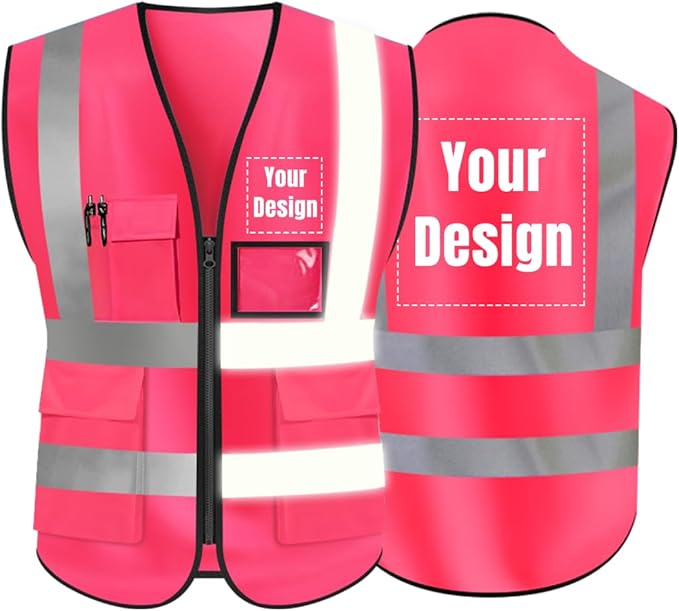 YOWESHOP High Visibility Safety Vest Custom Your Logo Protective Workwear 5 Pockets With Reflective Strips Outdoor Work Vest (Pink (XL))