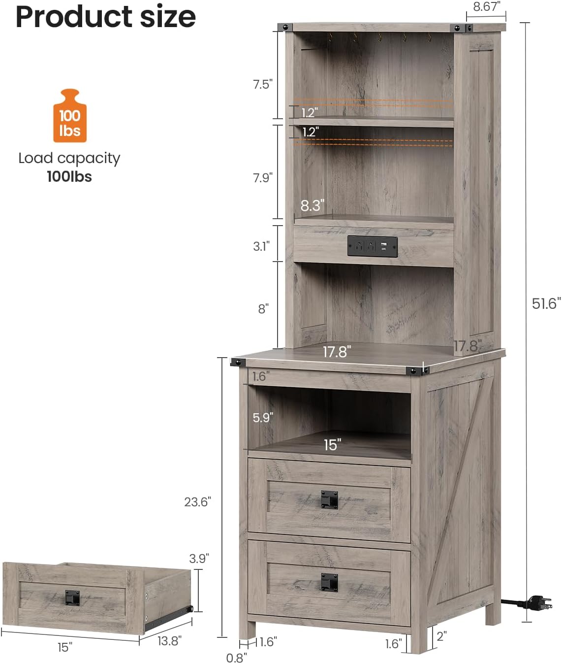 Farmhouse Tall Nightstand with Charging Station and 2 Drawers,Led Night Stand with Bookshelf,Bedside End Side Table with 6 Hooks and Storage Shelves for Bedroom,Grey
