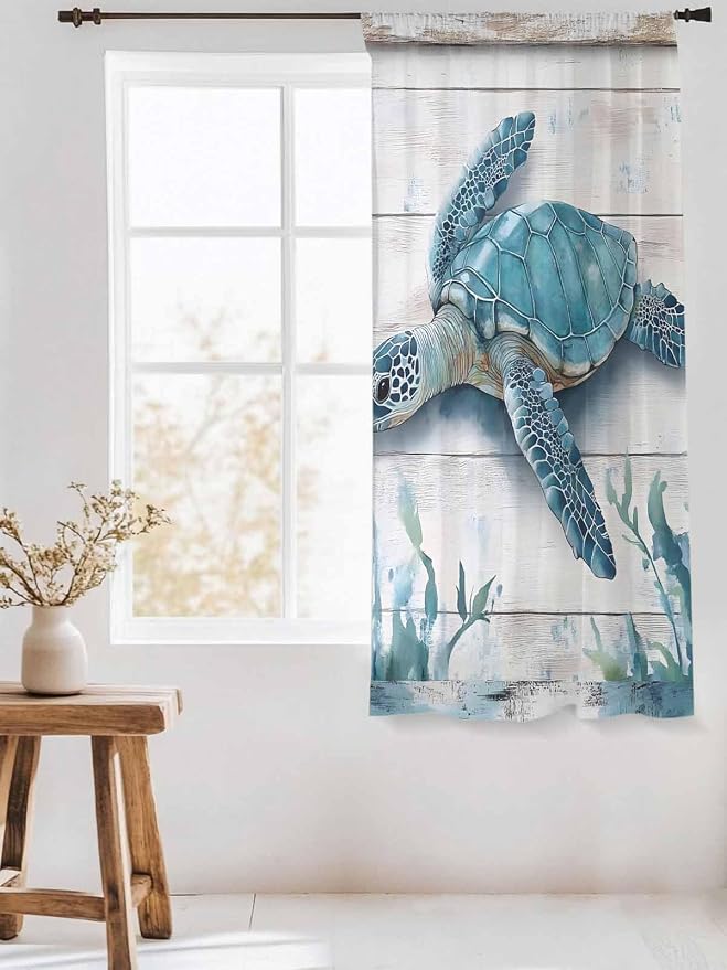 Sheer Curtains 72 Inches Long, Teal Green Sea Turtle Semi Sheer Curtains Light