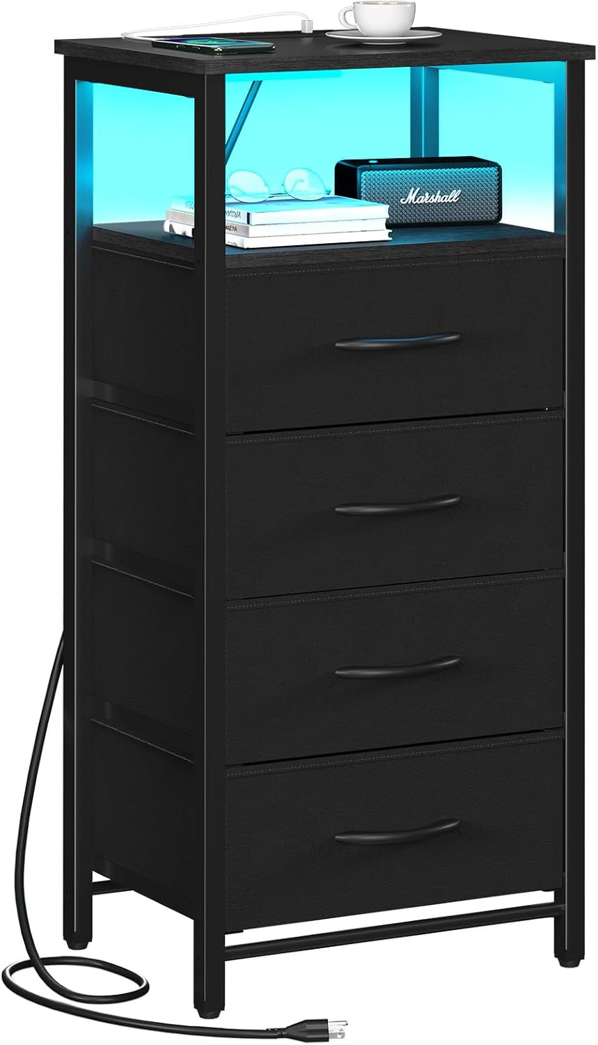 Yoobure Night Stand - Black Nightstand with Charging Station, Small Dresser