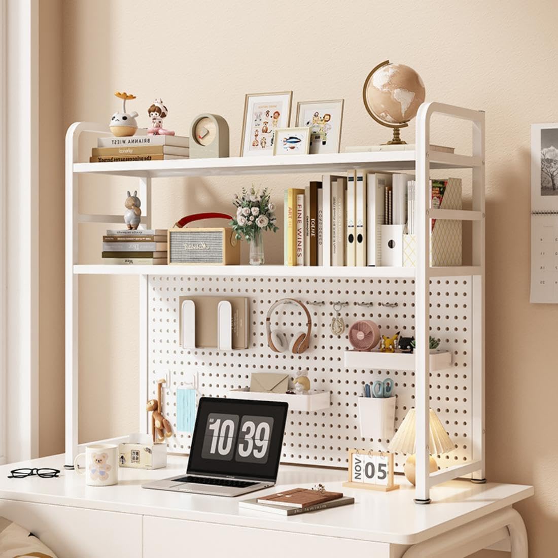 2 Tiers Freestanding Desk Bookshelf, 38 Inch Desktop Bookcase Display Shelf Rack Modern Desk Shelf Organizer Desk Storage Organizer White for Living Room Bedroom Study Office School