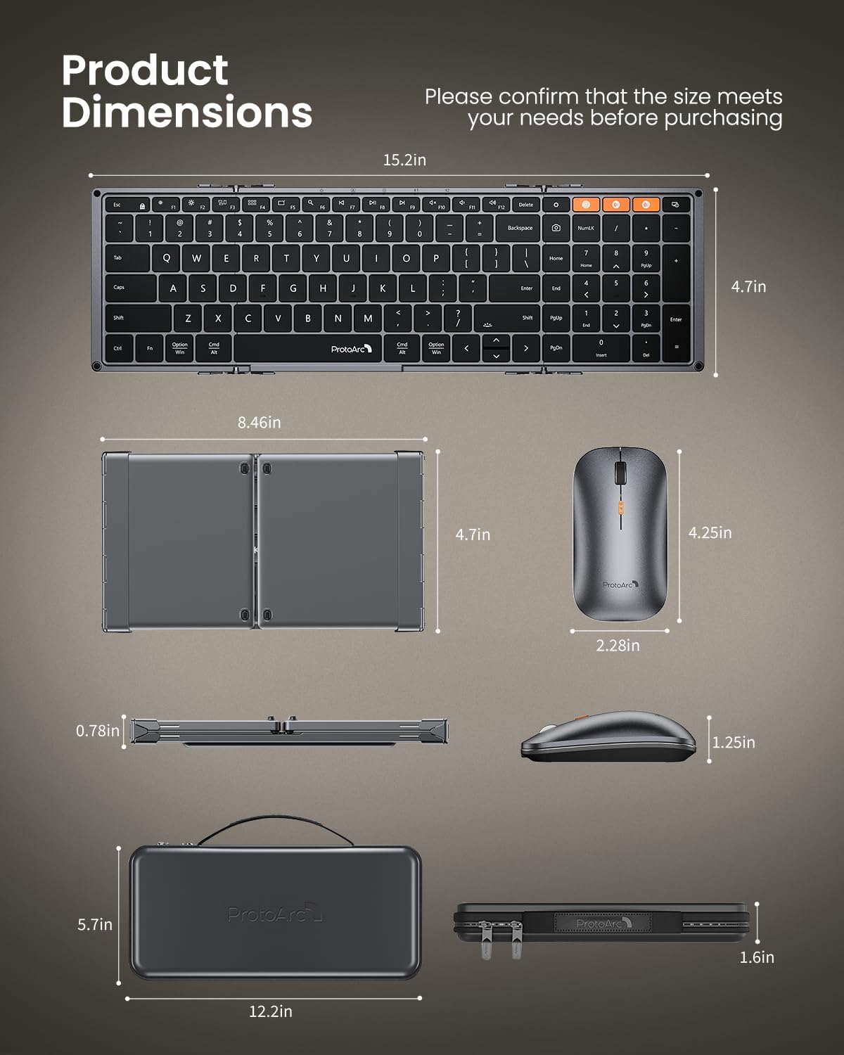 ProtoArc XKM01 Pro Backlit Foldable Keyboard and Mouse, Full Size, Gray