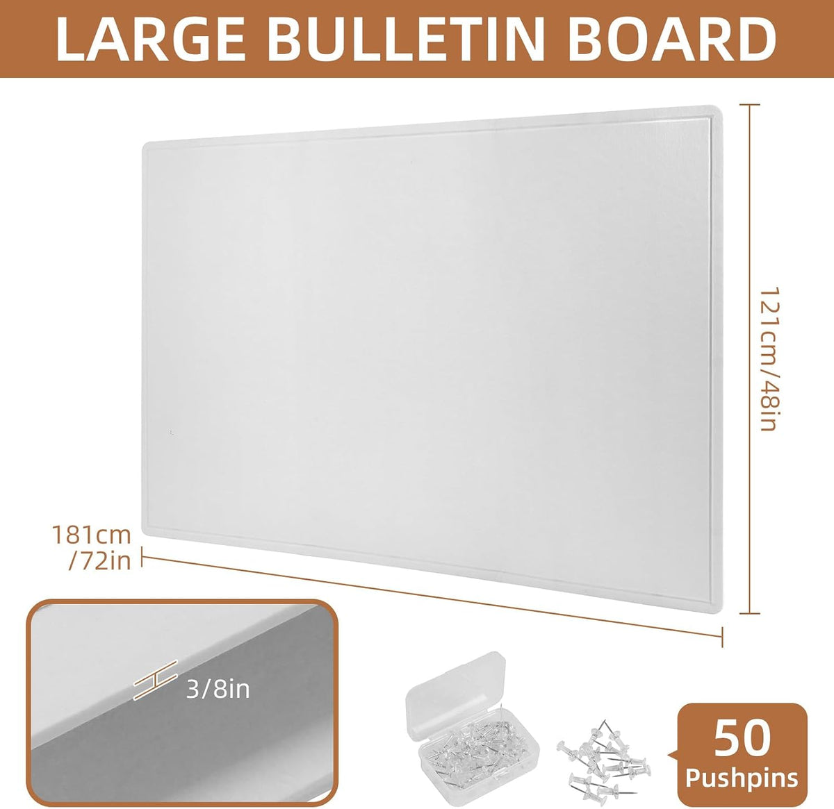 Extra Large Bulletin Board, 72 x 48 Inches Decorative Felt Pin Board Foldable Photo Board Self-Adhesive Vision Board with 50 Pushpins for Office, Home, School, Cork Board Alternative for Wall (White)