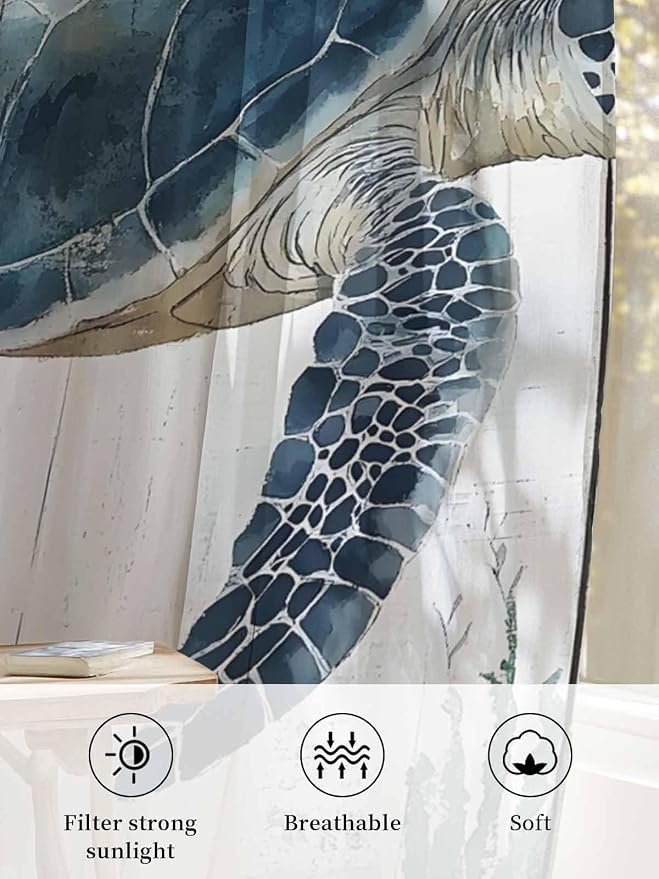 Sheer Curtains 45 Inch Length, Sea Turtle Teal Blue Semi Sheer Curtains Light