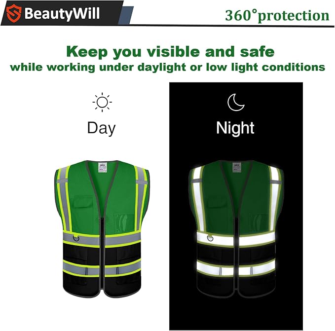 10 Pack Custom Safety Vest Customized Logo Mesh Vest Class 2 High Visibility Reflective Vest with Pockets Workwear（Green Black，XXL ）