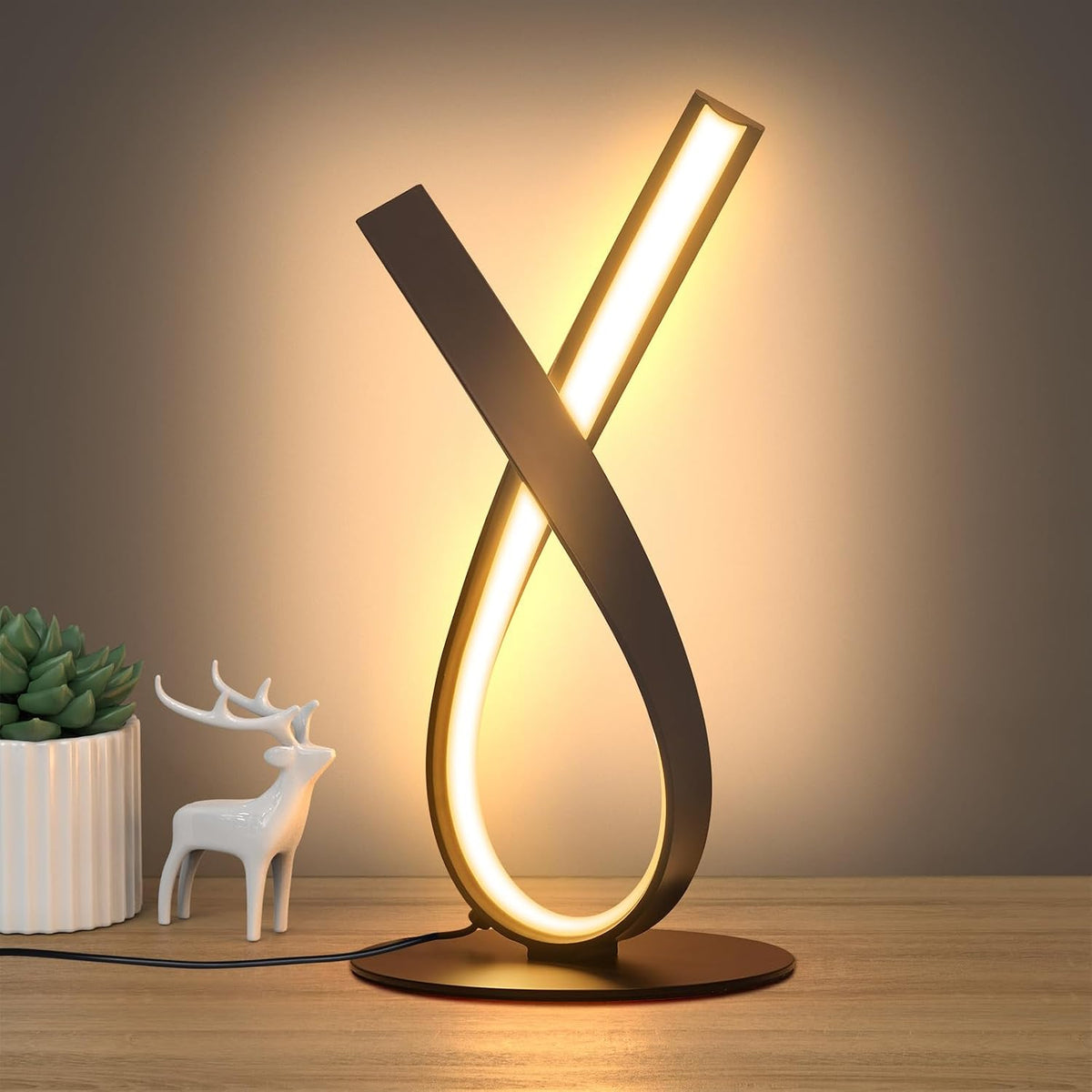 NUÜR Black Spiral LED Table Lamp, Stepless Dimmable Bedside Lamp