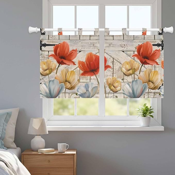 Retro Floral Kitchen Curtains 36 Inch Length, Small Window Curtains Tab Top