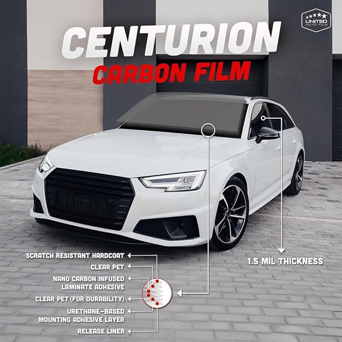 United Centurion Window Tint 20% VLT 20" Inx100'Ft 2Ply Carbon - PET Laminated Adhesive Film - Privacy Window Tint for Cars, Home, Blocks UV/IR Rays, Reduce Heat & Glare - Lifetime Color Stability
