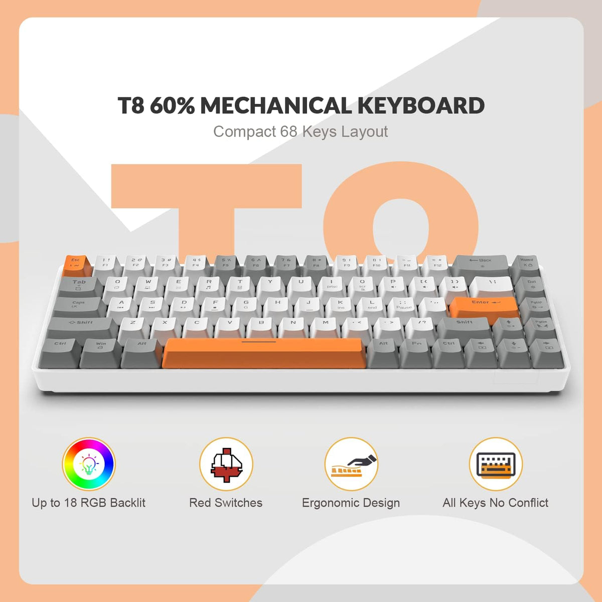 ZIYOU LANG RK-T8 Wired 65% Mechanical RGB Gaming Keyboard-Gray/White/Orange