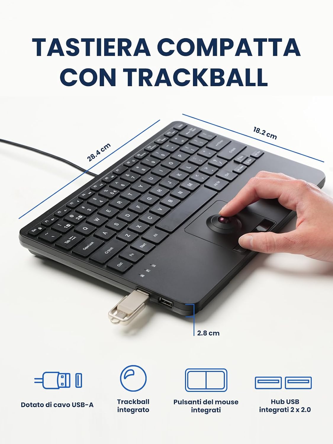 Perixx PERIBOARD-427 US, Wired USB Keyboard with Backlight and Trackball - White and Red Backlight - Compact Size 11.18 × 7.17 × 1.1 Inches - 2 Built-in USB Hubs