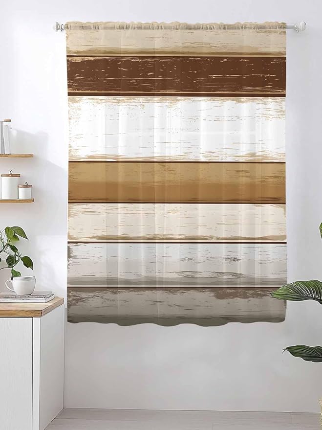 Sheer Curtains 72 Inches Long, Vintage Country Geometric Striped Privacy Voile