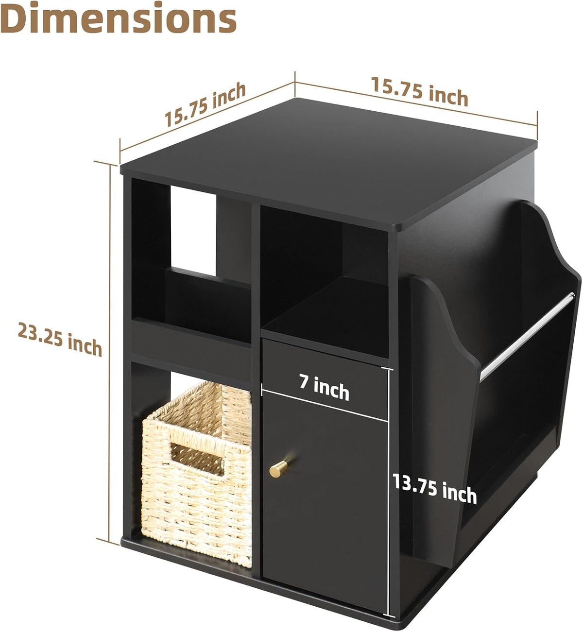 Square Rotating End Table with Storage, 16"D x 16"W x 23.3"H, Black