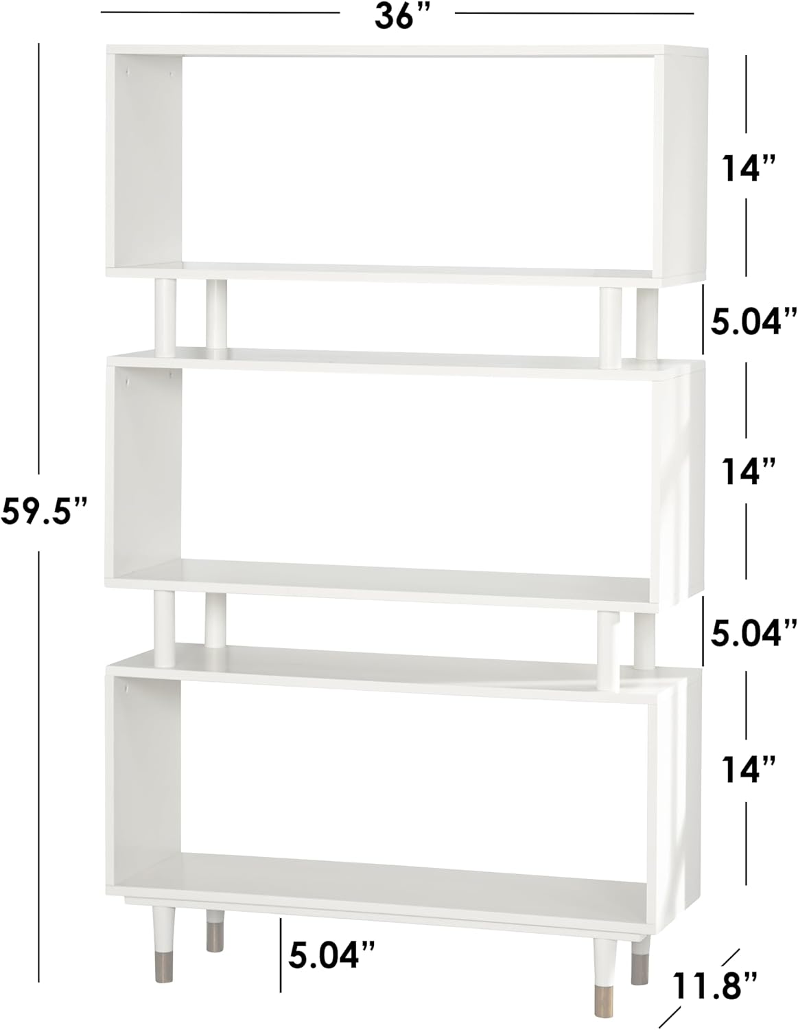 Mesa 3 Tier Bookshelf, Mid Century Bookcase for Living Room, Bedroom Furniture & Home Office, Solid Wood Storage Shelves with Gold Legs, 59.5" Tall Modern Book Shelf, Walnut