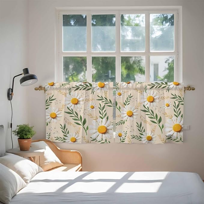 Spring Daisy Tier Curtains, Country Watercolor Flower Leaf Plant Light