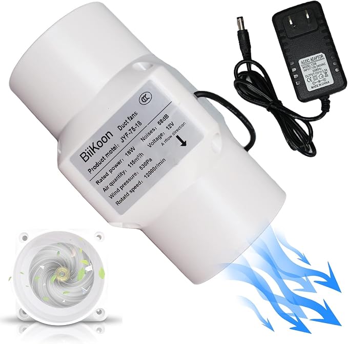 Inline Duct Fan 3 Inch 12V HVAC Exhaust Intake Fans Plastic Low Noise Basement