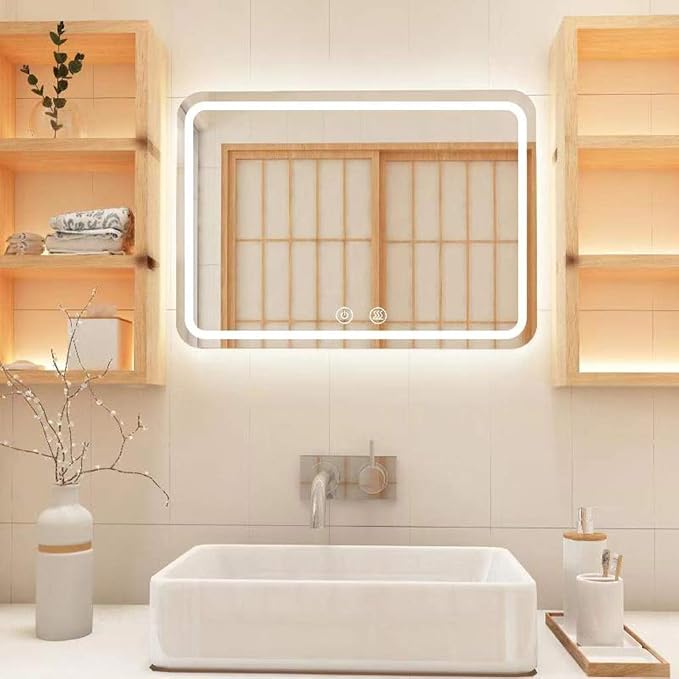 Rectangle Bathroom Mirror with Lights Touch Control Switch Demister Pad