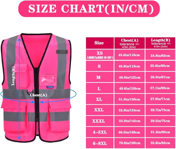 A-SAFETY XSmall Pink High Visibility Vest,Reflective Safety Vest Workwear 7 Pockets Hi Vis Durable Vest,X-Small