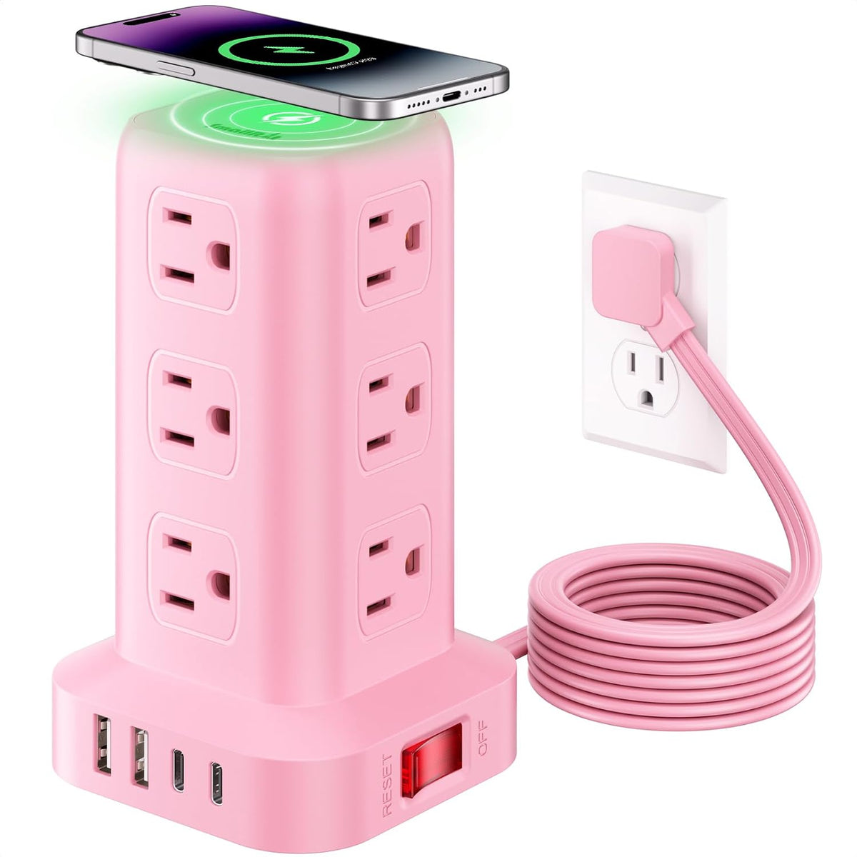 Extension Cord with Multiple Outlets, SMALLRT Outlet Extender with 12 AC Outlets 4 USB, 6.5FT Power Strip Tower for Home Office Supplies, Pink