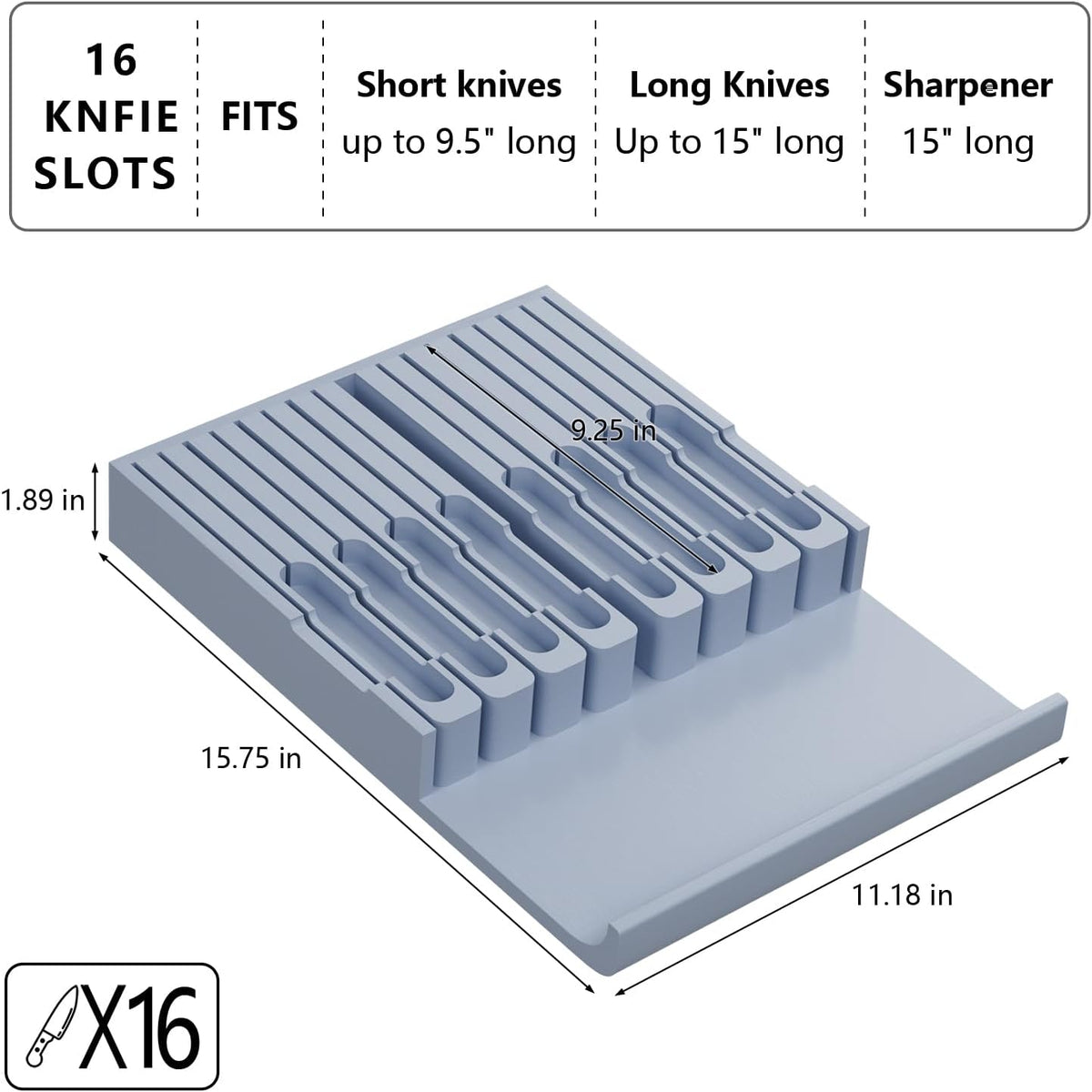 Domax Knife Drawer Organizer Insert Bamboo for 16 Knives, Gray