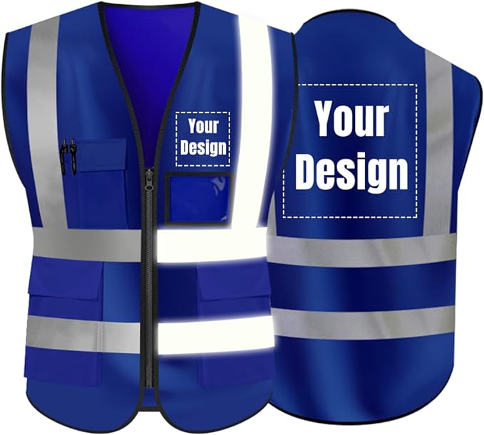 YOWESHOP High Visibility Safety Vest Custom Your Logo Protective Workwear 5 Pockets With Reflective Strips Outdoor Work Vest (Navy Blue (2XL))