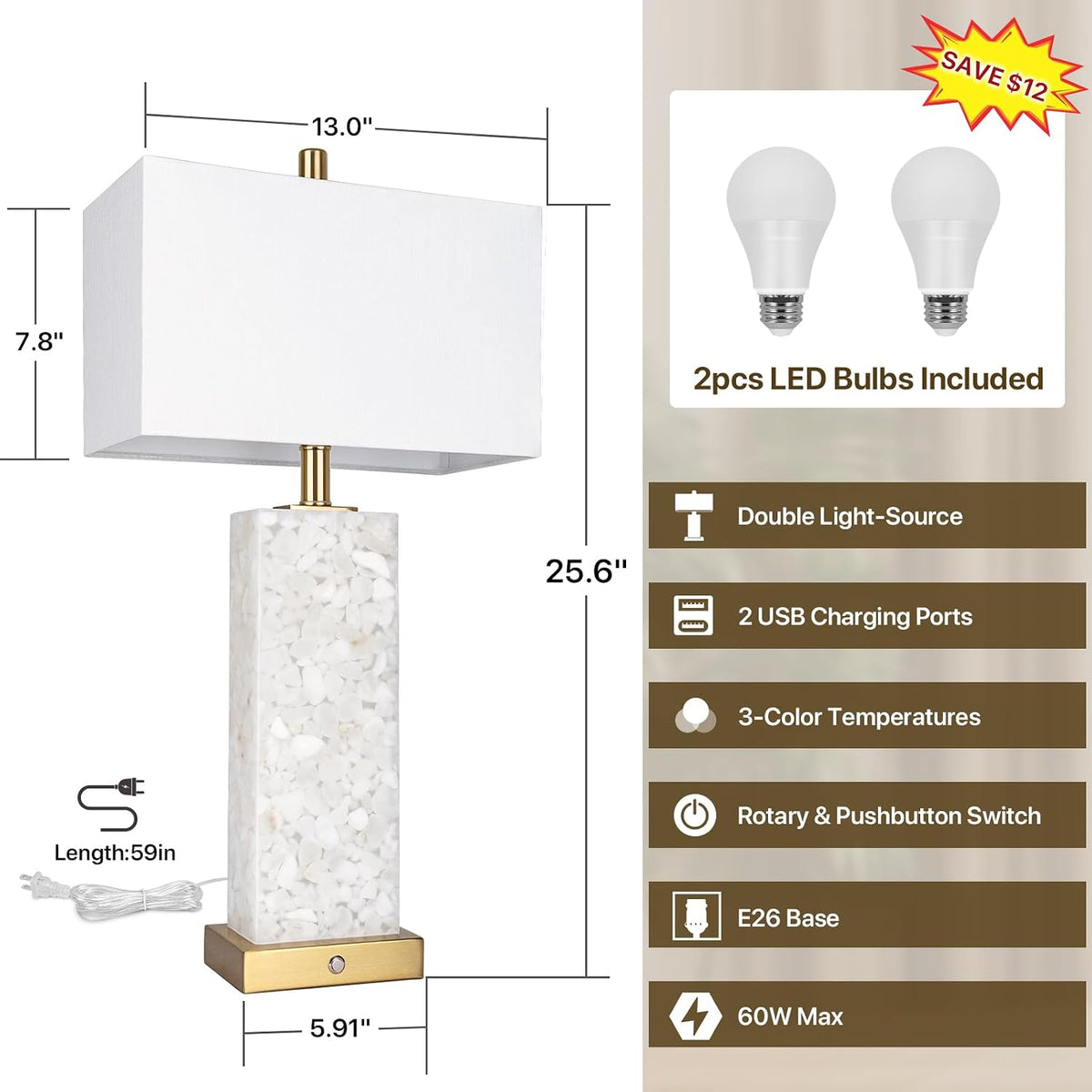 vallerico 25.6" Alabaster Lamps, Marble Lamp Nightstand Lamps Set of 2