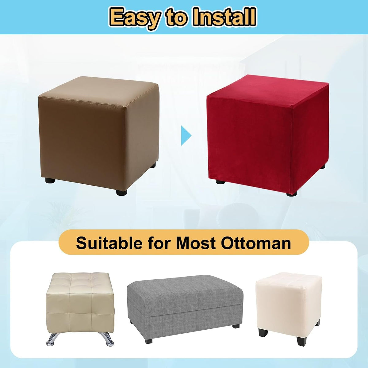 uxcell Stretch Foot Stool Cover Rectangular Square Foot Stool Slipcover with Elastic for Footstool Living Room Bedroom Fit Length 130-160cm / 51.18"-62.99", XL-Large, Wine Red